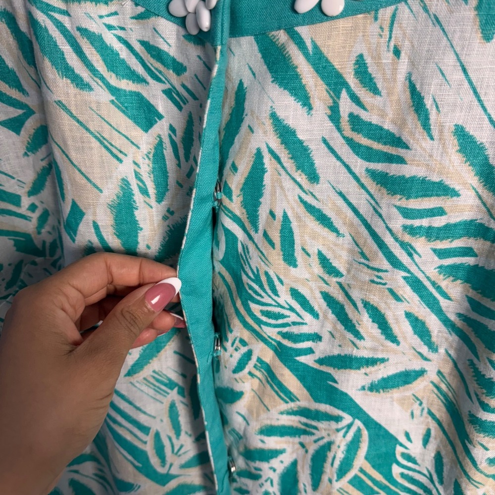 JM Collection Teal Tropical Leaf Print Linen Jacket Beaded Neckline Size 16 - Picture 7 of 7